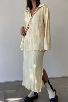 | Pleats Long Sleeve Shirts and Midi Skirt Sets | 100% Polyester   * MODEL IS 5'5" AND IS WEARING A SMALL Skirt Sets, Clothing Items, Skirt Set, Favorite Outfit, Midi Skirt, Art Collection, Long Sleeve Shirts, Bathing Beauties, Display Homes