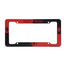 a red and black license plate frame with the word harley on it's side