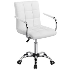 a white office chair with chrome legs and wheels on an isolated white background, viewed from the front