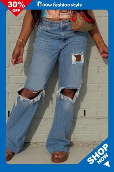 Casual High Waist Straight Leg Distressed Ripped Denim Jeans Trendy Distressed Bottoms For Fall, Casual Jeans For Fall Day Out, Trendy Distressed Cutoff Jeans, Trendy Distressed Jean Shorts, Casual Distressed Bottoms For Fall, Casual Summer Bottoms With Holes, Casual Relaxed Fit Ripped Jeans, Casual Ripped Summer Jeans, Casual High Rise Distressed Jeans