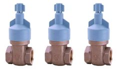 three valves are shown side by side on a white background, one is blue and the other is pink