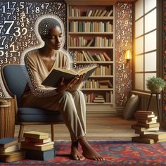 a woman sitting in a chair reading a book with numbers on the wall behind her