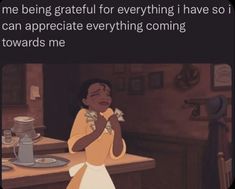 an animated image of a woman sitting at a table with plates on it and the caption reads, me being grateful for everything i have so can appreciate everything coming