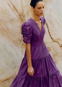 Silk Cotton Maxi Dress Summer Purple Elegant Tiered Dress With Puff Sleeves, Elegant Fitted Tiered Dress With Puff Sleeves, Elegant Purple Tiered Dress, Cotton Maxi Dress Summer, Fashion Me, Bias Cut Dress, Maxi Dresses Fall, Purple Midi Dress, Cotton Maxi Dress