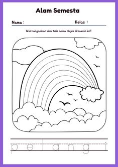 the letter k is for rainbow worksheet with an image of a rainbow and clouds