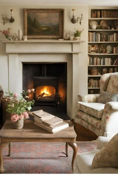 a living room filled with furniture and a fire place next to a book shelf full of books