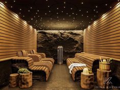 a spa room with wooden benches and lights