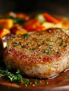 a piece of meat sitting on top of a wooden plate