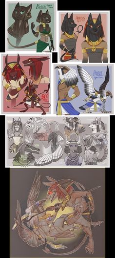 four different pictures of cats and birds, each with their own character's name