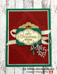 a red and green christmas card with gold trim