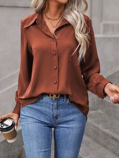 Solid Color Long Sleeve Casual Brown Shirt For Women, Spring/Summer/Autumn, Fall Blouse,Long Sleeve Tops Rust Brown Casual  Long Sleeve Woven Fabric Plain Shirt Non-Stretch  Women Clothing, size features are:Bust: ,Length: ,Sleeve Length: Fall Blouse, Brown Blouse, Women Blouses, Elegant Shirt, Affordable Clothes, Inspiration Mode, Plus Size Blouses, Womens Fall, Long Sleeve Casual