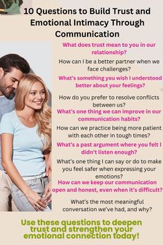 Enhance trust and emotional intimacy in your relationship with these 10 thought-provoking questions. Explore the meaning of trust and discover how to become a better partner during challenging times. This set of questions will help you address past conflicts, improve communication habits, and foster a sense of safety when expressing emotions. By practicing patience and openness, you can strengthen your emotional connection and maintain honest communication, even during tough discussions. Use these questions to ignite meaningful conversations and create a more trusting and intimate relationship. Build Emotional Connection, Practicing Patience, Mindful Communication, Better Partner, Honest Communication, Communication In Relationships, Emotional Intimacy, Expressing Emotions, Couples Friends