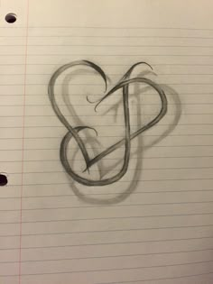 a pencil drawing of a heart with two intertwined hearts in the middle on lined paper