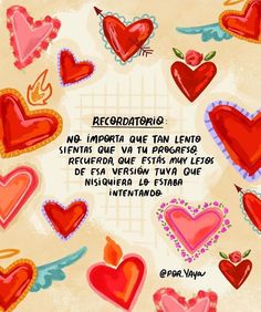 an image of hearts with words written in spanish and english on the bottom right corner