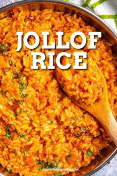 a pot filled with rice and topped with parsley on the side text reads jollof rice