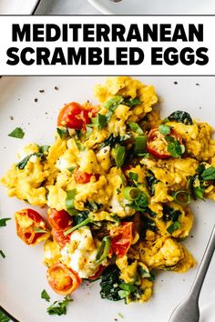 Mediterranean scrambled eggs Mediterranean Diet Recipes Breakfast, Mediterranean Diet Breakfast, Mediterranean Diet Food List, Mediterranean Recipes Healthy, Mediterranean Breakfast, Mediterranean Diet Recipes Dinners, Scrambled Eggs Recipe, Creamy Feta, Mediterranean Diet Meal Plan