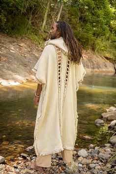 Boho Editorial Photography, Mens Kimono Jacket, Solarpunk Fashion, Hooded Kimono, Ritual Clothing, Wizard Fashion, Gilet Kimono, Long Gilet, Mens Poncho