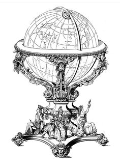 a drawing of a globe with people around it and an animal on the base, in black and white