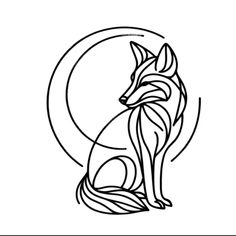 a black and white drawing of a fox sitting in front of the moon with its tail curled