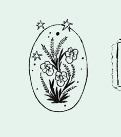 an egg with flowers and stars on it is next to a stamp that says happy easter