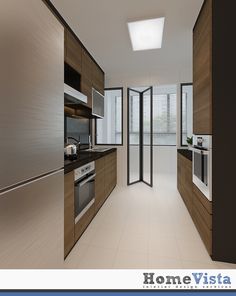 an empty kitchen with stainless steel appliances and wood cabinetry, along with white tile flooring