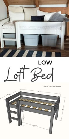 the plans for a loft bed are shown in two different views, one is made from wood