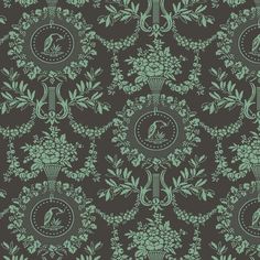 a green and black wallpaper with floral designs