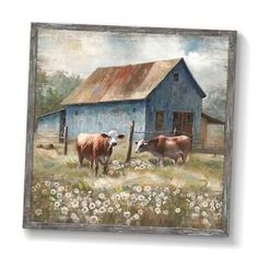 a painting of two cows in front of a blue barn with white daisies on the ground