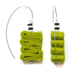 Silver Earrings - Dangling earrings of corrugated bright designer felt with a stacked pop of glass discs in a contrasting color. A colorful and lightweight party for your ears!3l including ear wire. 1w. Swooping handmade sterling-silver ear wires and included ear wire guards. Felt Earrings, Felted Earrings, Found Object Jewelry, Earrings Dangling, Artful Home, Felted Scarves, Dangling Earrings, Found Object, Jewelry Projects