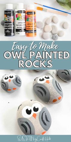 easy to make owl painted rocks with text overlay