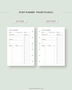 two sheets of paper with the words study planner and left page in white on a light green background