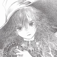 a drawing of a girl with long hair wearing a hat and holding her hand on her chest