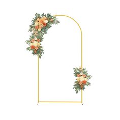 an arch decorated with flowers and greenery is shown on a white background in this illustration