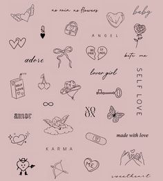 the back side of a pink background with many different tattoos on it and words written in cursive writing