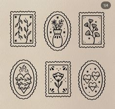 six stamps with flowers and hearts in them