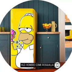 a yellow refrigerator with the simpsons character on it