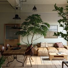 a living room filled with furniture and a tree in the middle of it's center