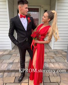 Tux With Red Dress Prom, Red Prom Dress And Tux Ideas, Red Prom Men, Red Prom Outfits For Guys, Red And Black Prom Couples, Red Prom Dress Couple, Red Prom Couple Outfit, Black And Red Tux