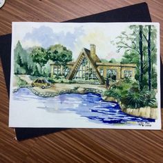 a watercolor painting of a house next to a lake with a car parked in front