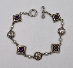 "Beautiful and Unique Vintage Art Deco 925 Sterling Silver Amethyst with Seed Pearl Modernist Bracelet good pre/owned condition measures 6 7/8\" length toggle clasp." Seed Pearl, Toggle Clasp, Vintage Art Deco, Chain Link Bracelet, Arm Band, Unique Vintage, Chain Link, Vintage Art, Jewelry Bracelets