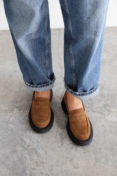 Introducing our  Brown Suede Loafers - a true fashion staple that combines timeless style with utmost comfort. Crafted from supple brown suede, these loafers are designed to elevate your everyday wardrobe effortlessly. The classic penny loafer silhouette adds a touch of sophistication, making them perfect for any occasion - be it dressing up for the office or casual outings with friends. With their versatile color, these brown leather loafers can easily be paired with jeans, dresses, or skirts. Fall Suede Slip-on Platform Loafers, Fall Workwear Suede Slip-ons, Brown Suede Slip-ons For Spring, Brown Platform Loafers With Stitched Sole For Work, Brown Platform Loafers For Work With Stitched Sole, Brown Suede Flat Heel Loafers, Brown Suede Loafers With Flat Heel, Brown Platform Loafers For Fall, Brown Round Toe Loafers For Everyday