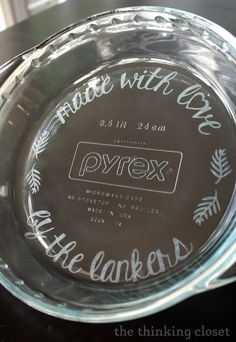 a clear glass plate with the words pyrx printed on it, sitting on a table