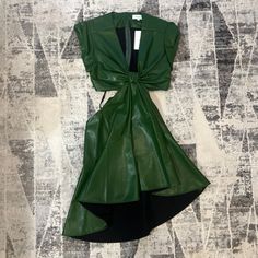 New With Tags - Vegan Leather - Cap Sleeves - A Plunging Neckline - Waist Cutouts - Open-Back Detail - Center Back Zip Pleated Gown, Silk Floral Dress, Leather Cap, Cutout Dress, Plunging Neckline, V Neck Dress, Pleated Dress, Silk Dress, Green Dress