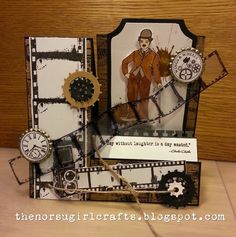 a card with an image of a man on it and some gears attached to it