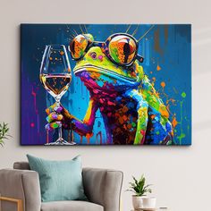 a painting of a frog wearing sunglasses and holding a wine glass in front of it