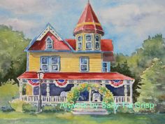 a watercolor painting of a yellow house with red roof and blue trimmings