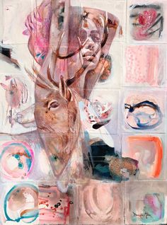 an abstract painting of a deer's head surrounded by various objects