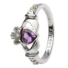 "Features Sterling Silver Ladies Birthstone Claddagh Ring. This is an authentic Claddagh Ring made by master artisans. Measurements: Face width (from the bottom of heart to top of the crown): 10.1 mm Shank width: 2.5 mm Average weight: ~ 3 grams Center Heart Stone: Simulated Alexandrite (June birthstone) Stone set in Cuffs: Cubiz Zirconia This ring features the inscription \"Love Loyalty Friendship\". Claddagh Ring Meaning - Claddagh Ring POSITIONS = 1.Left Hand Outward = Rings on the left hand Claddagh Symbol, Loyalty Friendship, Silver Claddagh Ring, Irish Ring Claddagh, Claddagh Ring, Claddagh Rings, Irish Traditions, June Birthstone, February Birthstone