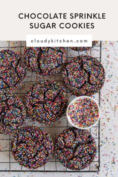 chocolate sprinkle sugar cookies on a cooling rack with colorful sprinkles