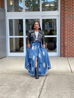 GOLDxTEAL denim maxi skirt. Stylish Outfits Black Women, Edgy Jacket, Faux Fur Cardigan, Cropped Biker Jacket, Shoulder Epaulettes, Long Jean Skirt, Duster Dress, Fur Cardigan, Distressed Denim Skirt